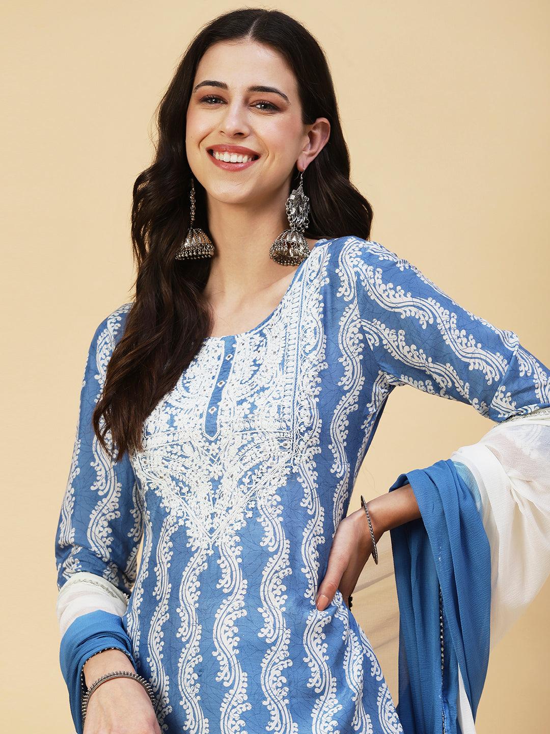 Ethnic Printed Mirror Embroidered Kurta With Pants & Dupatta - Light Blue - Indiakreations