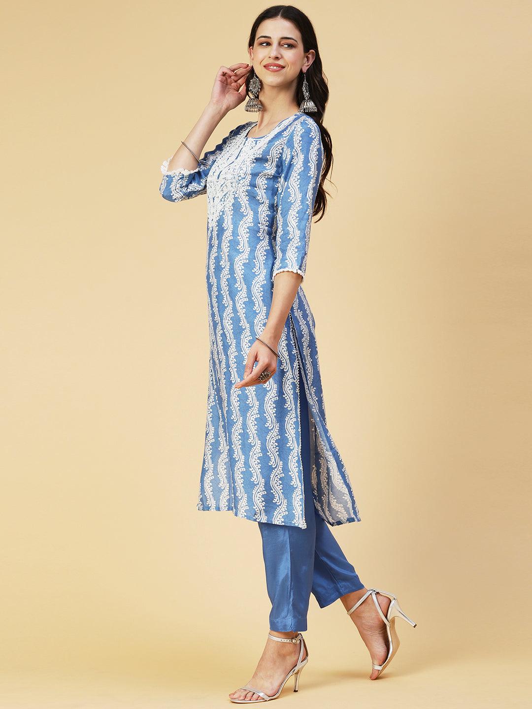 Ethnic Printed Mirror Embroidered Kurta With Pants & Dupatta - Light Blue - Indiakreations