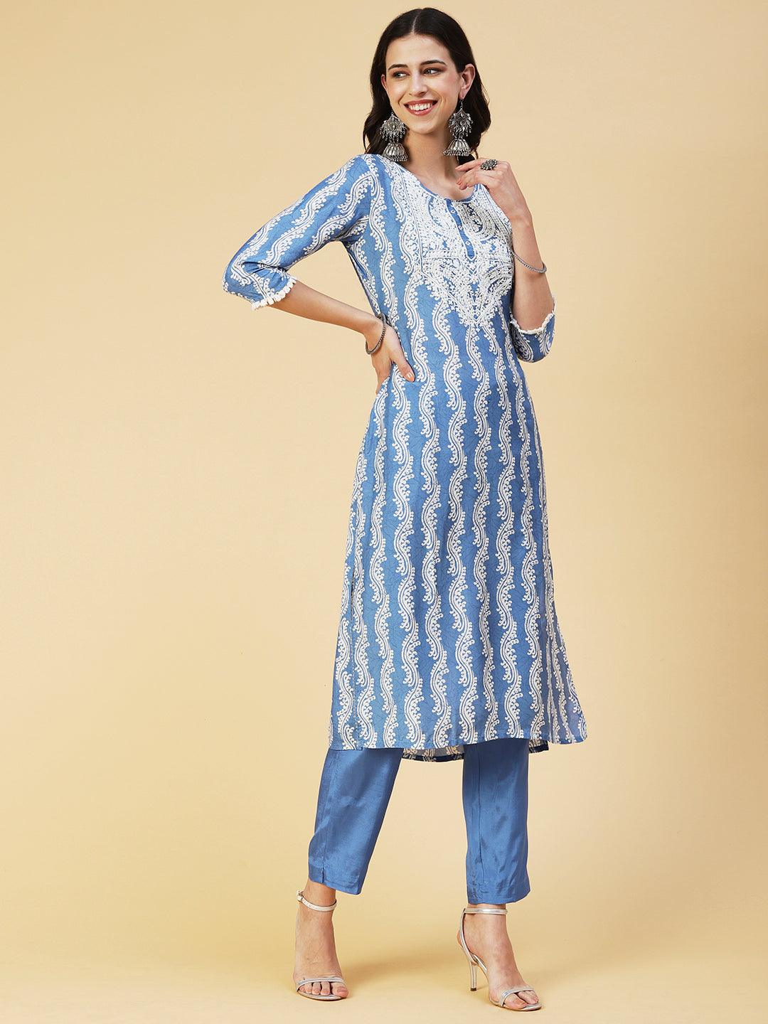 Ethnic Printed Mirror Embroidered Kurta With Pants & Dupatta - Light Blue - Indiakreations