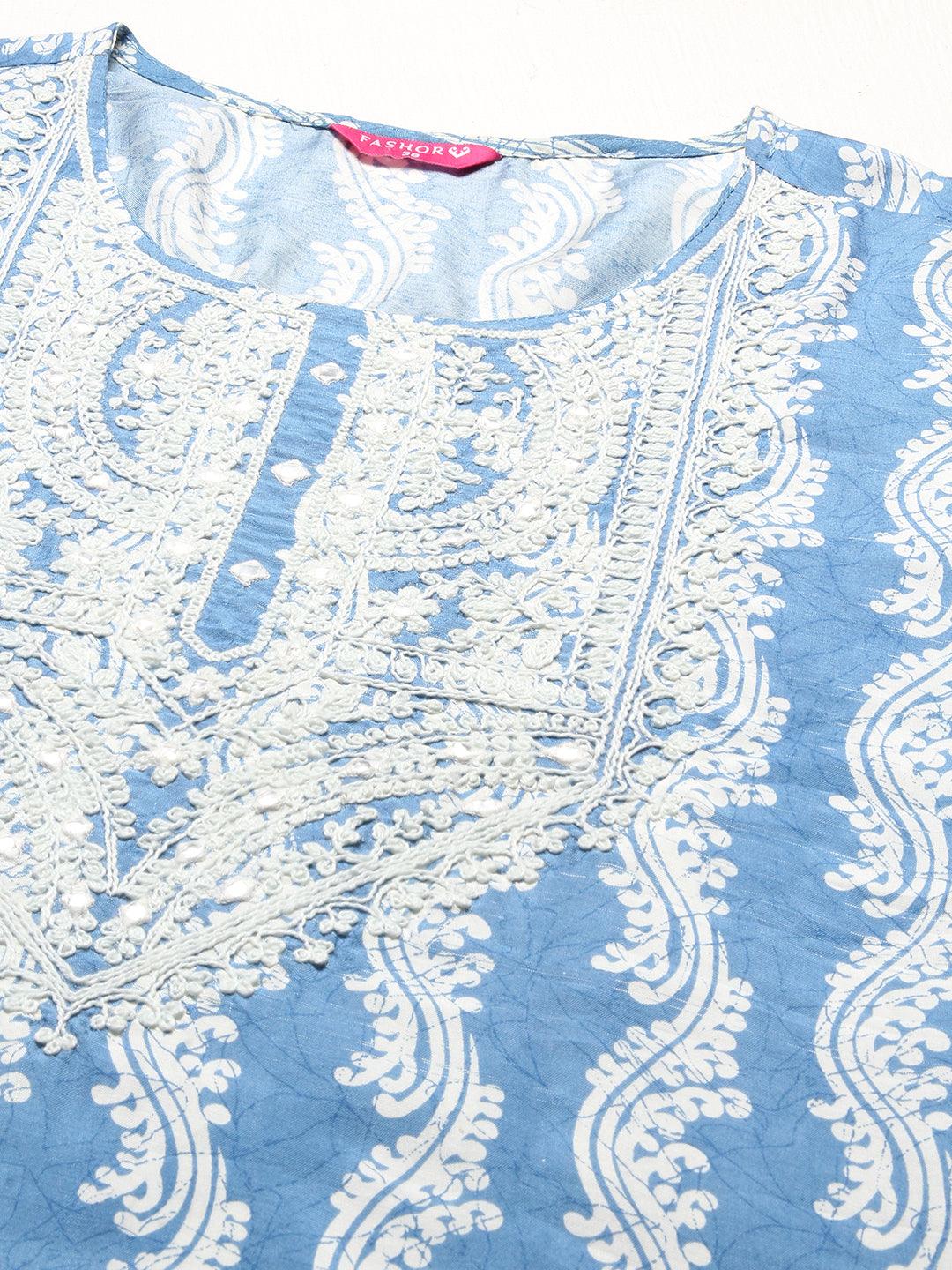 Ethnic Printed Mirror Embroidered Kurta With Pants & Dupatta - Light Blue - Indiakreations