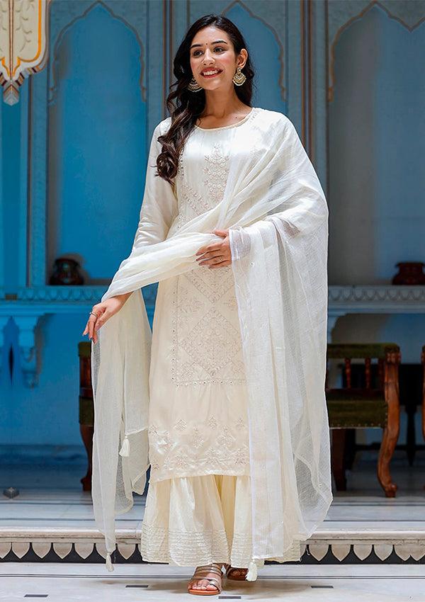 Off White Embroidered Silk Kurta Sharara Set With Dupatta - Indiakreations