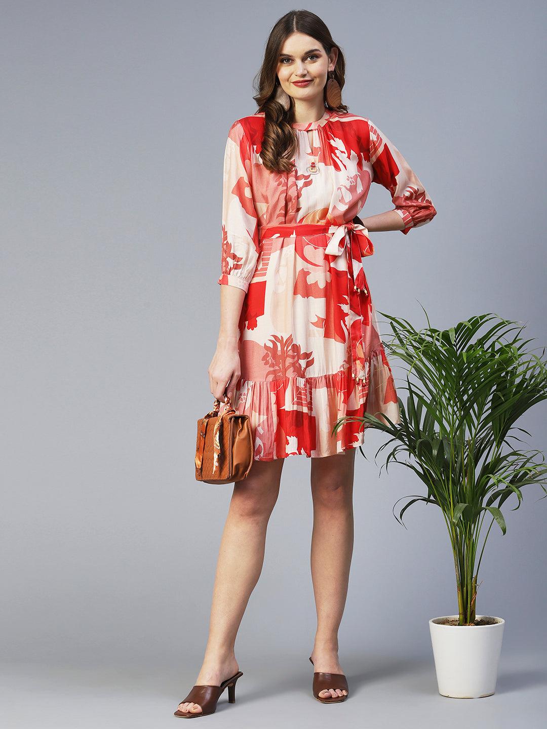 Abstract Graphic Printed A-line Dress With Belt - Coral Red - Indiakreations