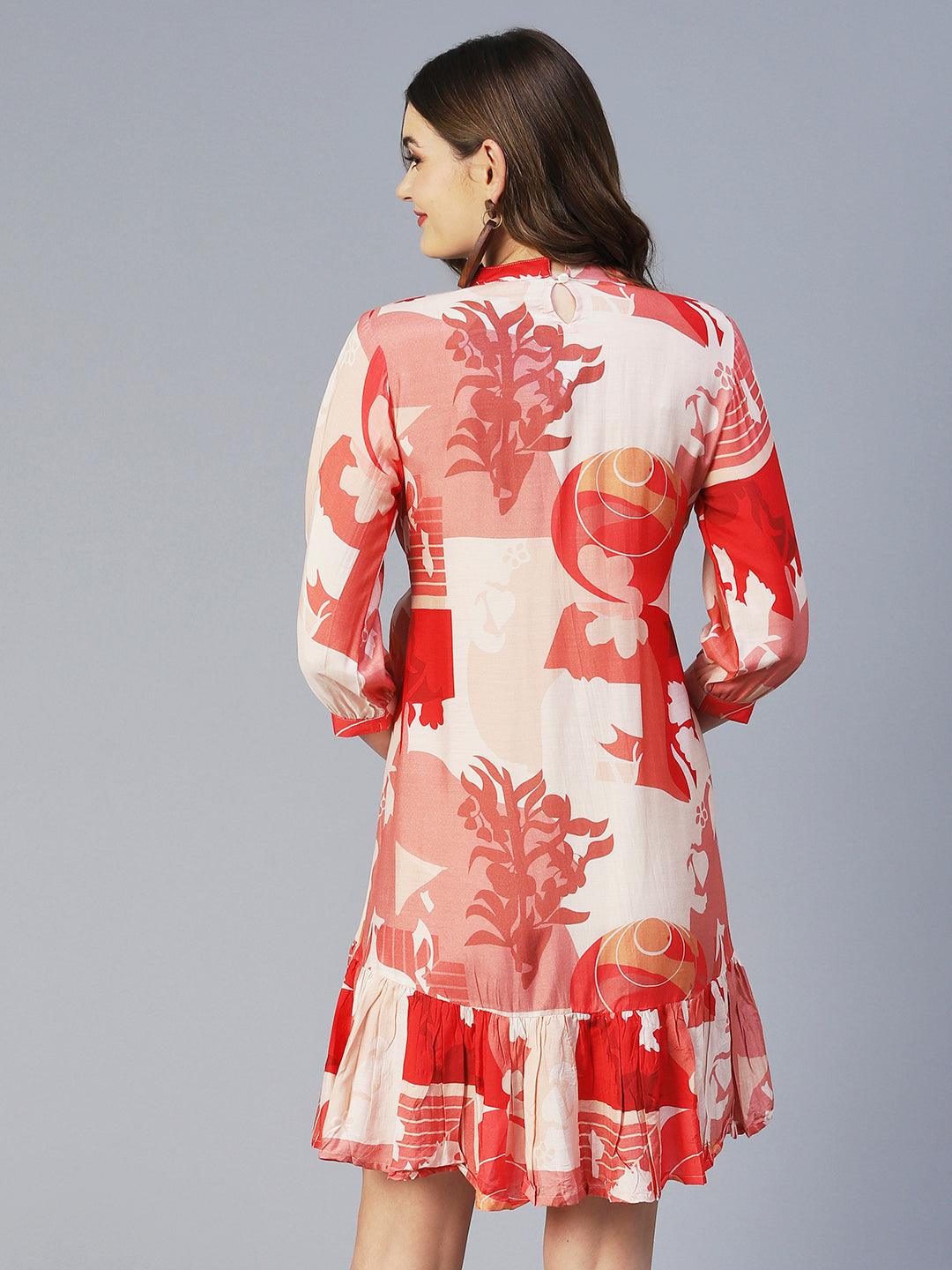 Abstract Graphic Printed A-line Dress With Belt - Coral Red - Indiakreations