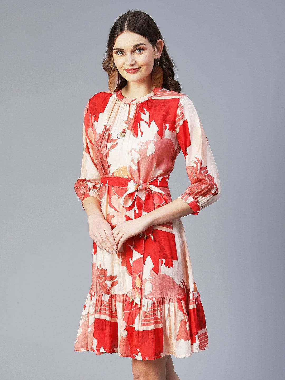 Abstract Graphic Printed A-line Dress With Belt - Coral Red - Indiakreations