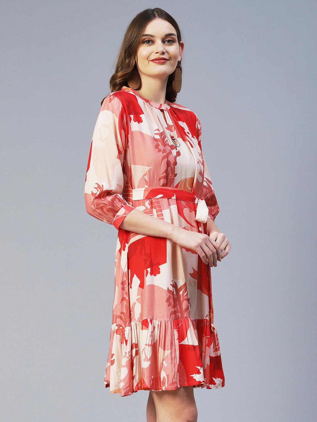 Abstract Graphic Printed A-line Dress With Belt - Coral Red - Indiakreations