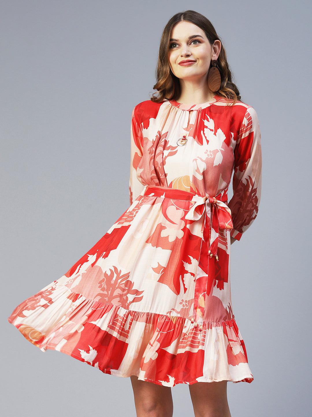 Abstract Graphic Printed A-line Dress With Belt - Coral Red - Indiakreations