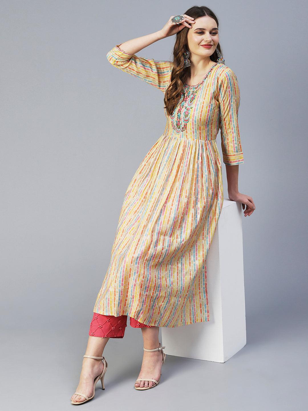 Stripes Printed & Embroidered A-Line Kurta - Multi - Indiakreations