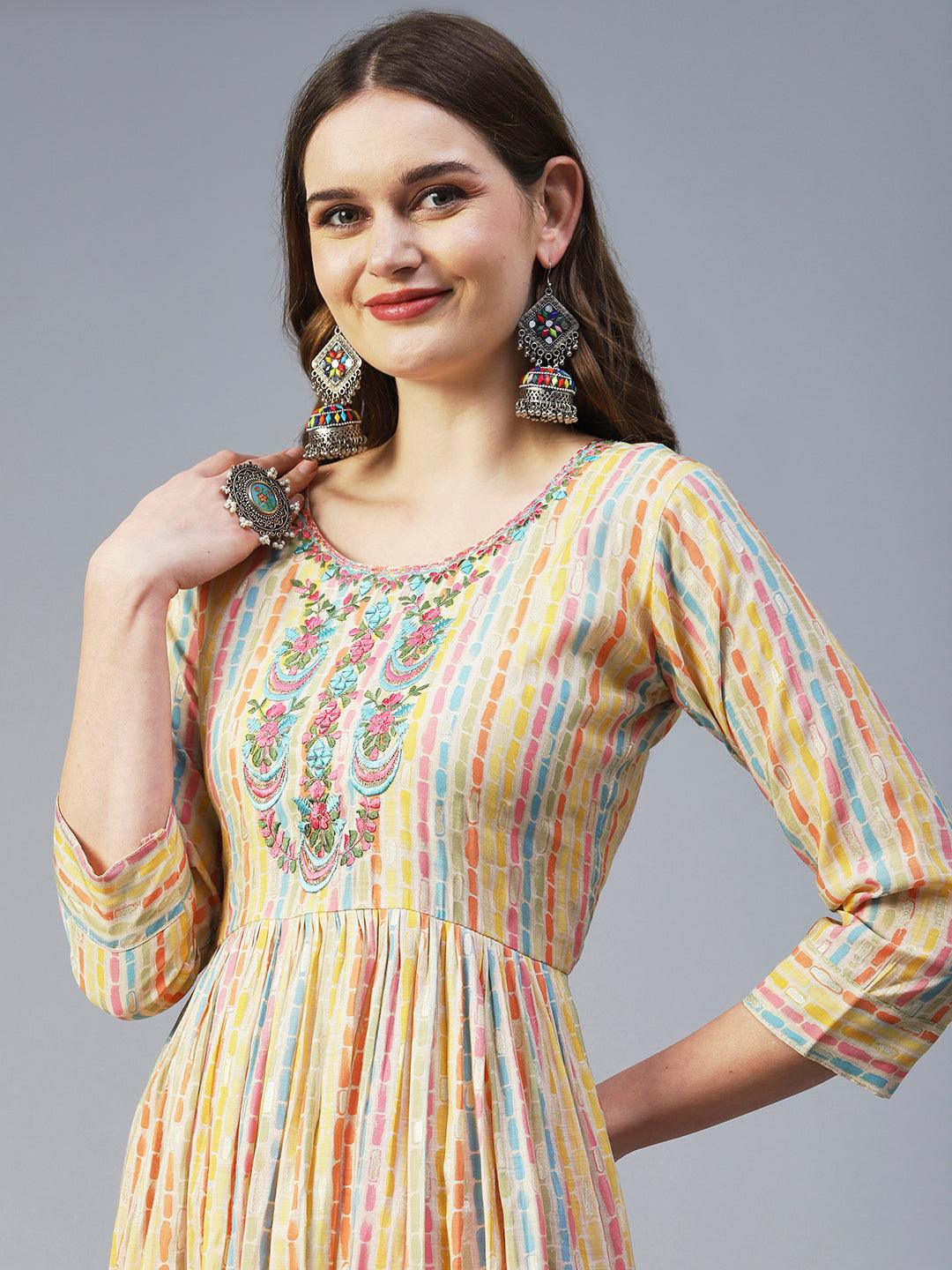 Stripes Printed & Embroidered A-Line Kurta - Multi - Indiakreations