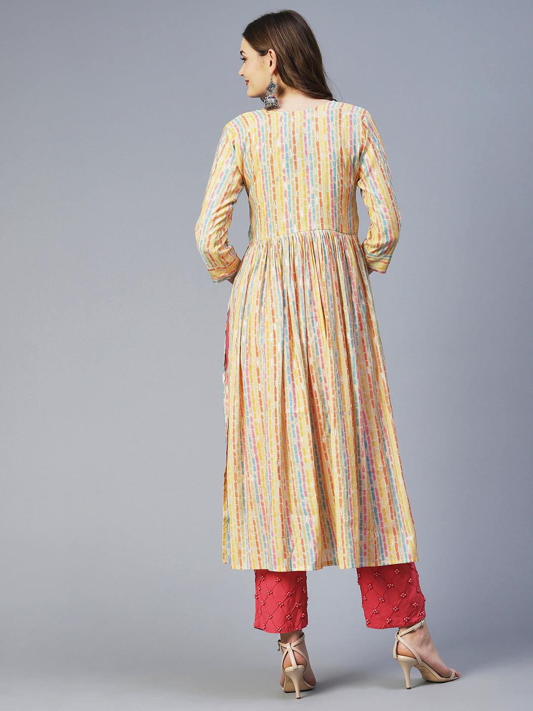 Stripes Printed & Embroidered A-Line Kurta - Multi - Indiakreations