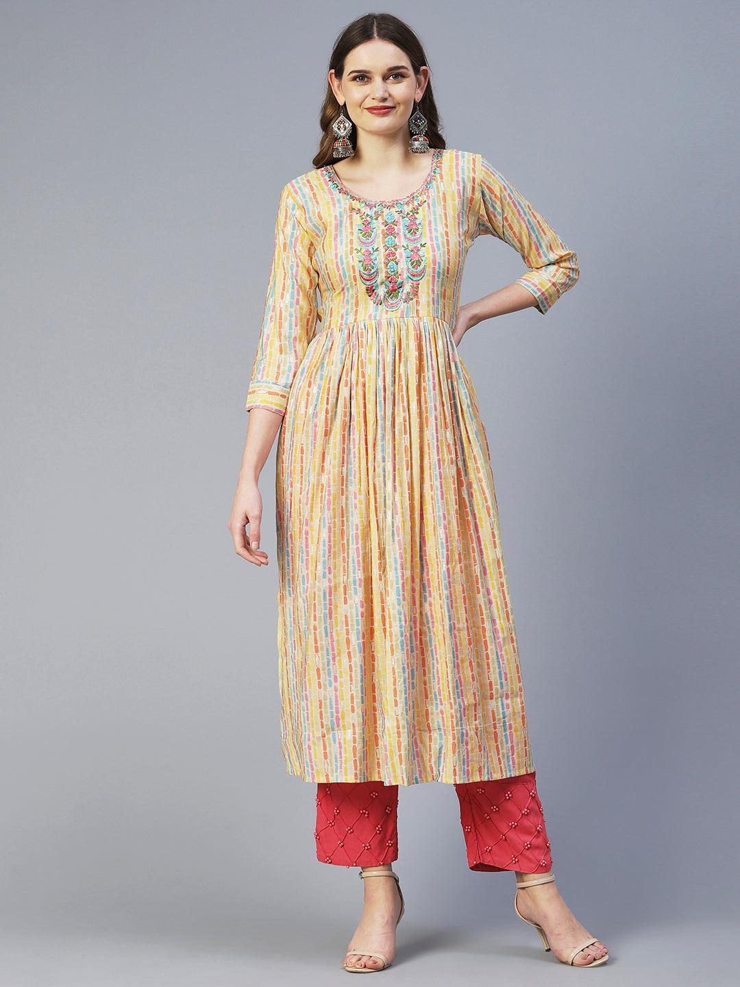 Stripes Printed & Embroidered A-Line Kurta - Multi - Indiakreations