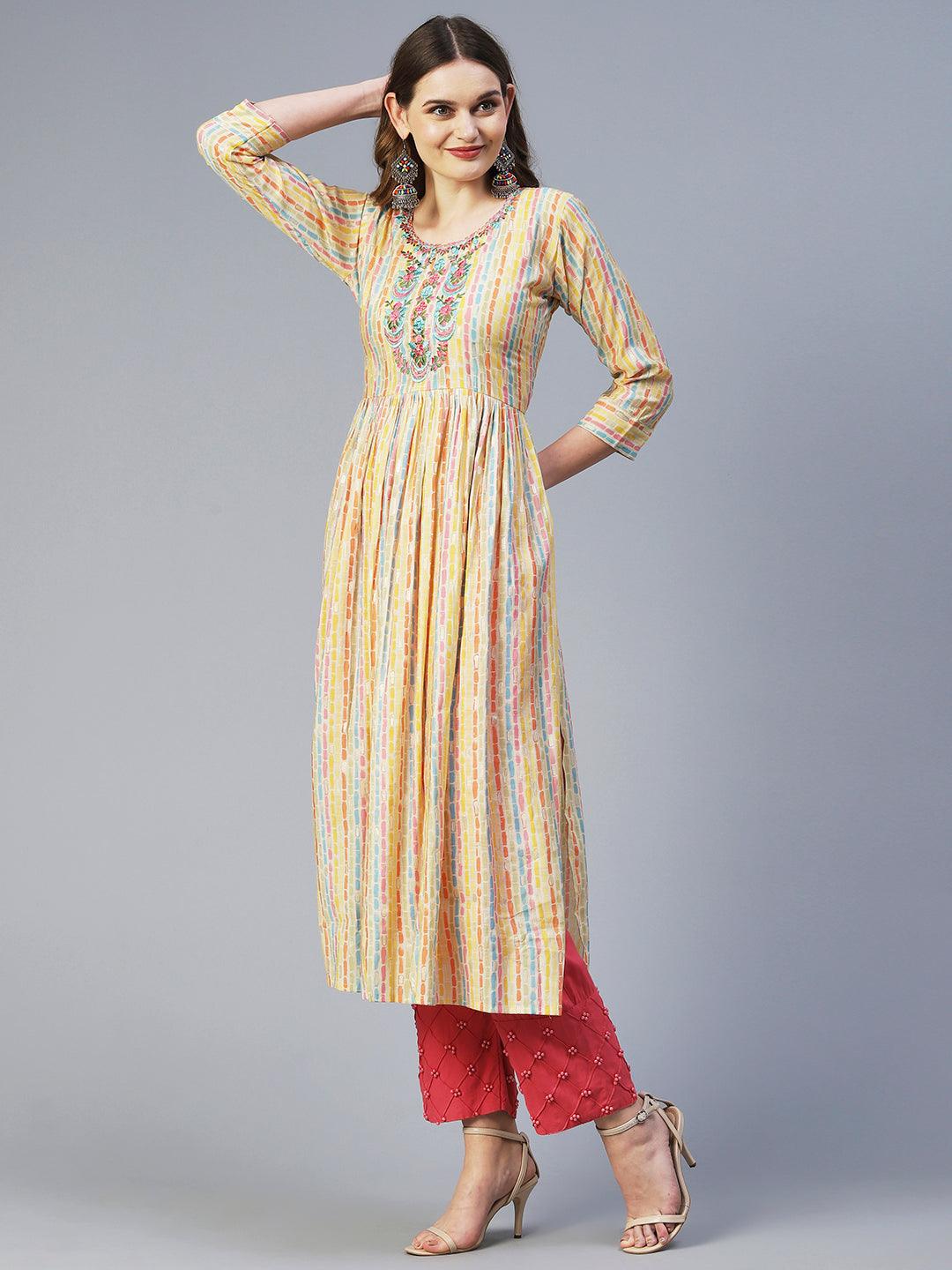 Stripes Printed & Embroidered A-Line Kurta - Multi - Indiakreations