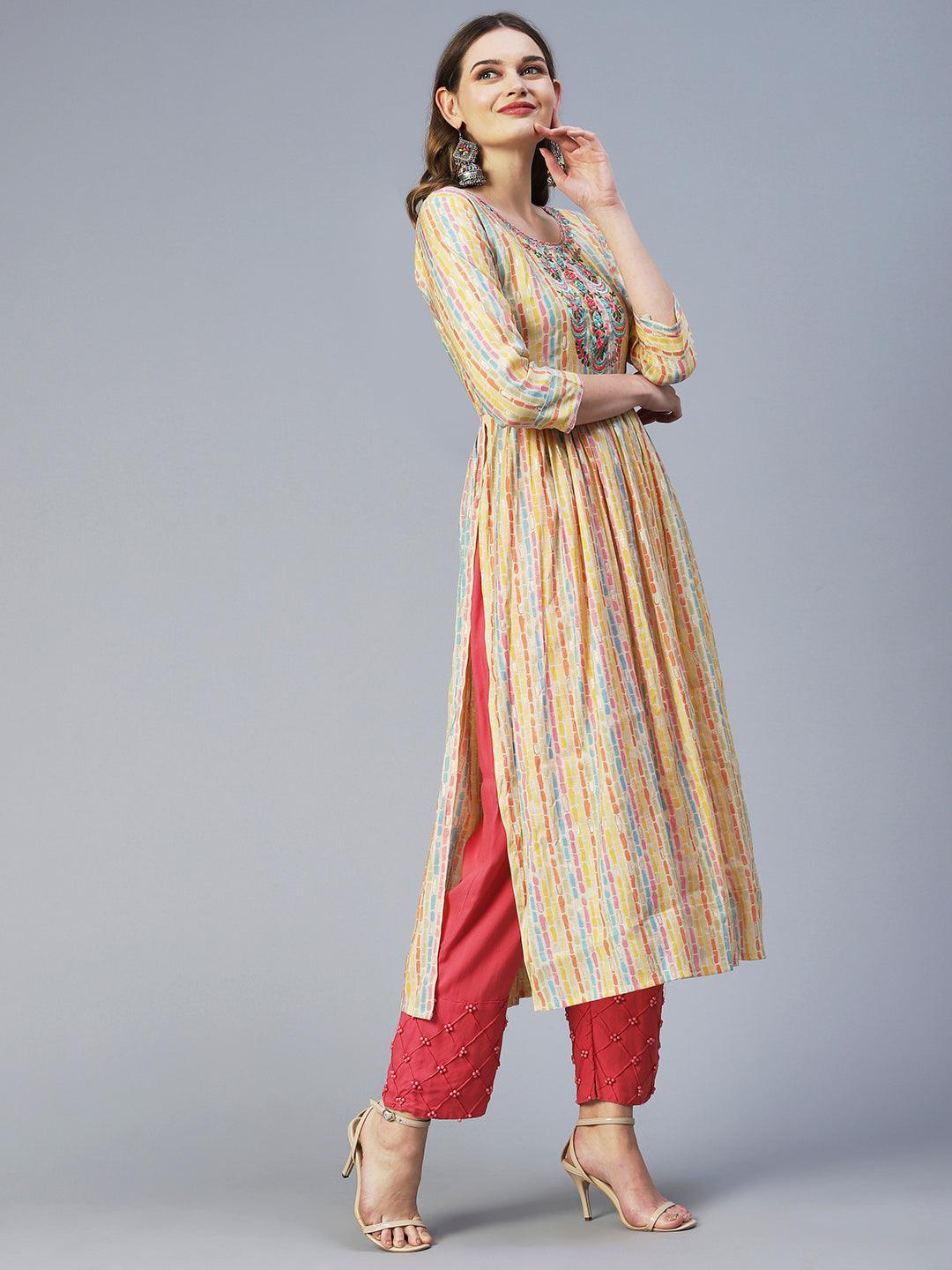 Stripes Printed & Embroidered A-Line Kurta - Multi - Indiakreations