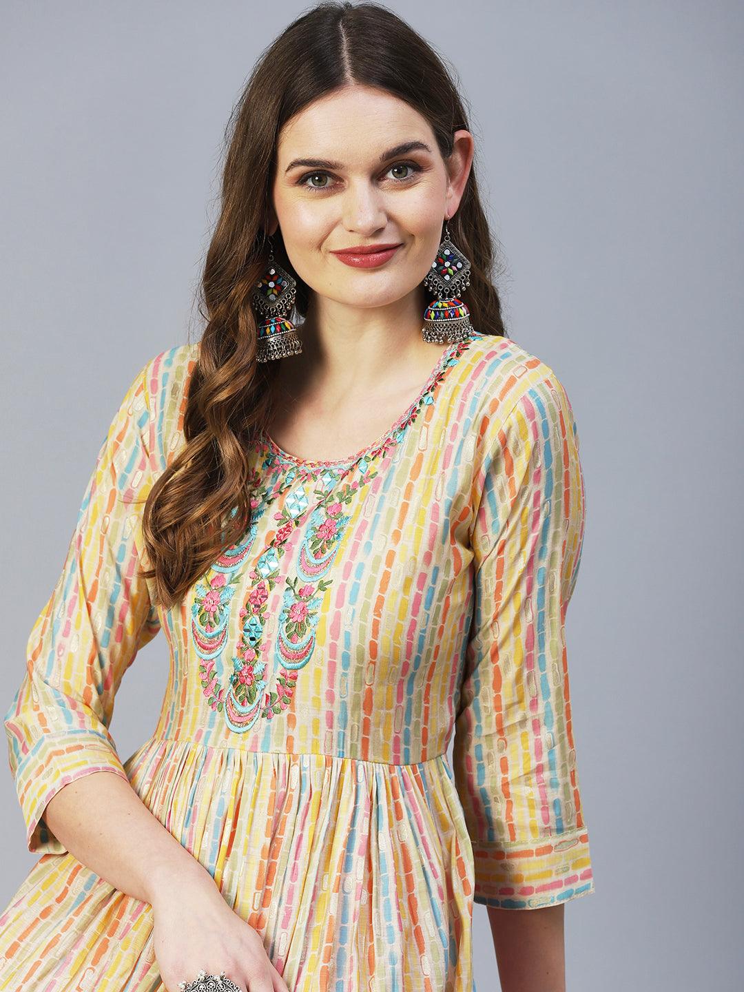 Stripes Printed & Embroidered A-Line Kurta - Multi - Indiakreations