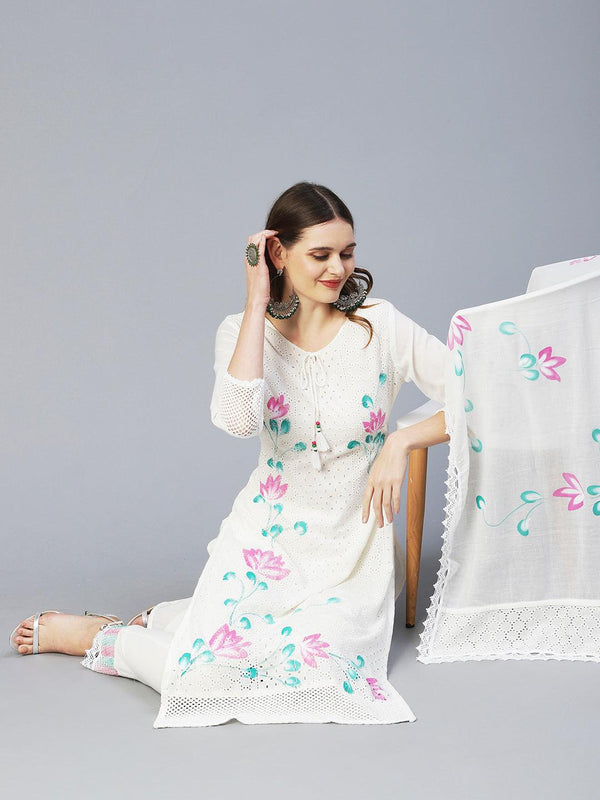 Floral Hand Painted Straight Kurta with Pant & Dupatta - Off White - Indiakreations