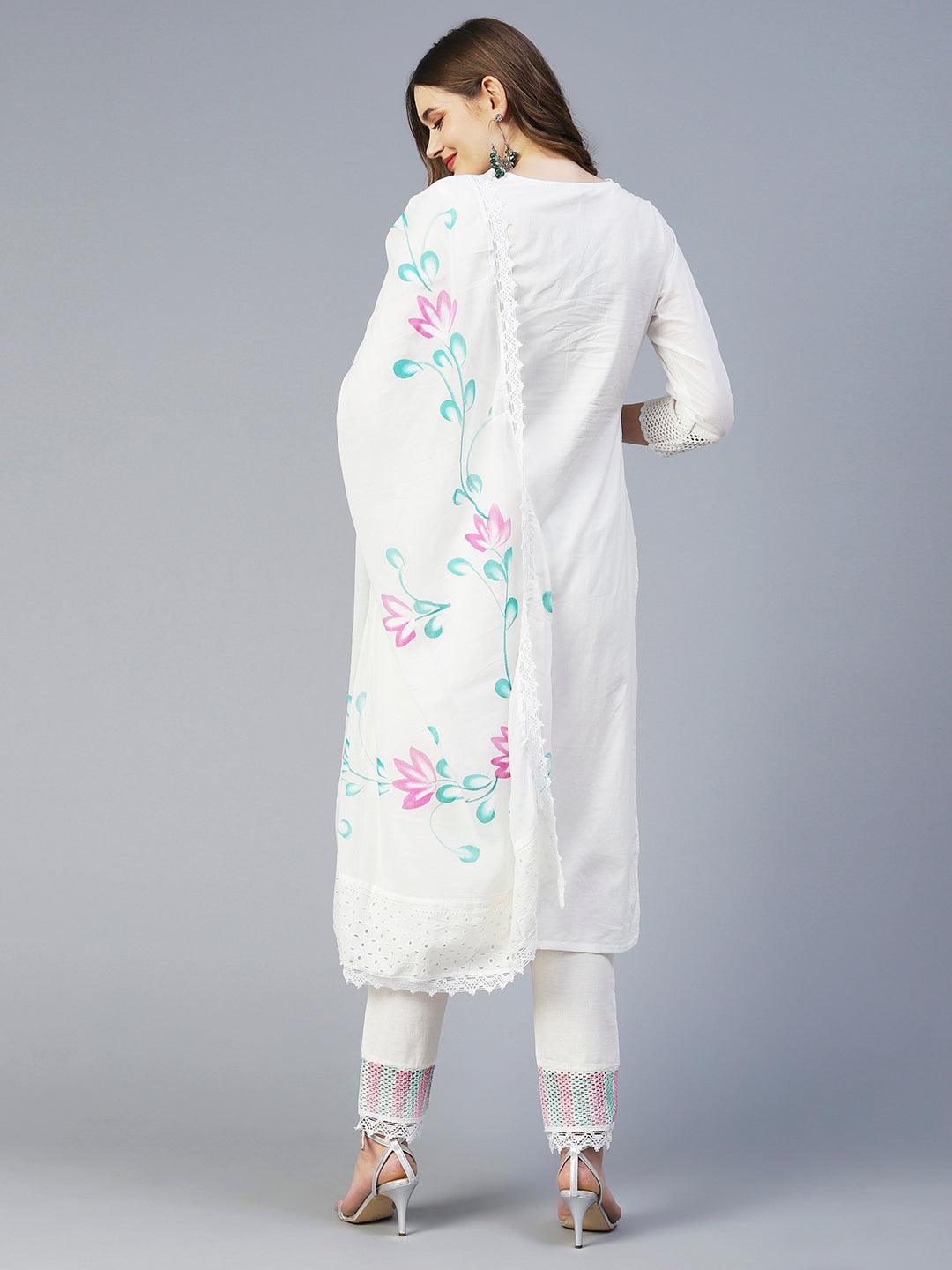 Floral Hand Painted Straight Kurta with Pant & Dupatta - Off White - Indiakreations