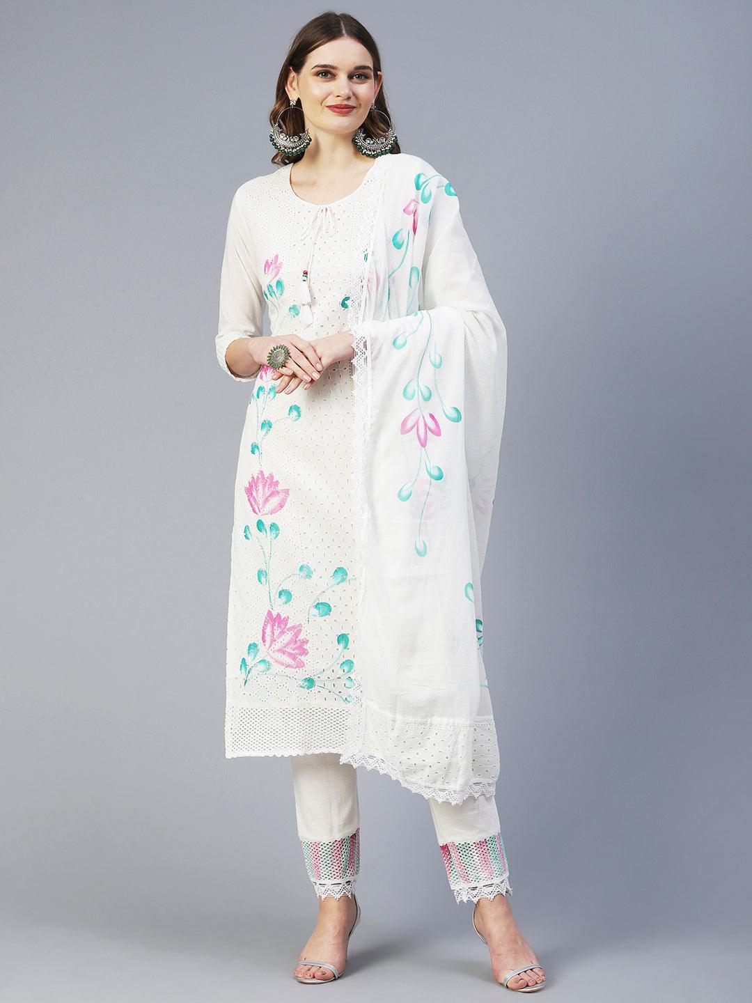 Floral Hand Painted Straight Kurta with Pant & Dupatta - Off White - Indiakreations