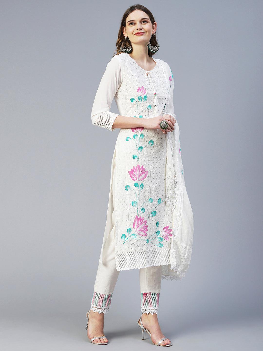 Floral Hand Painted Straight Kurta with Pant & Dupatta - Off White - Indiakreations