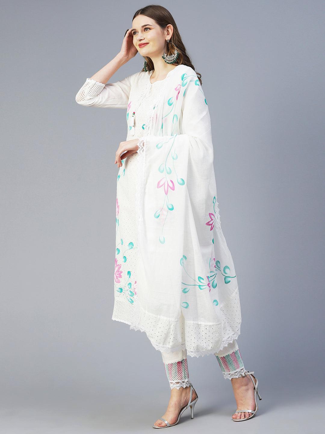 Floral Hand Painted Straight Kurta with Pant & Dupatta - Off White - Indiakreations