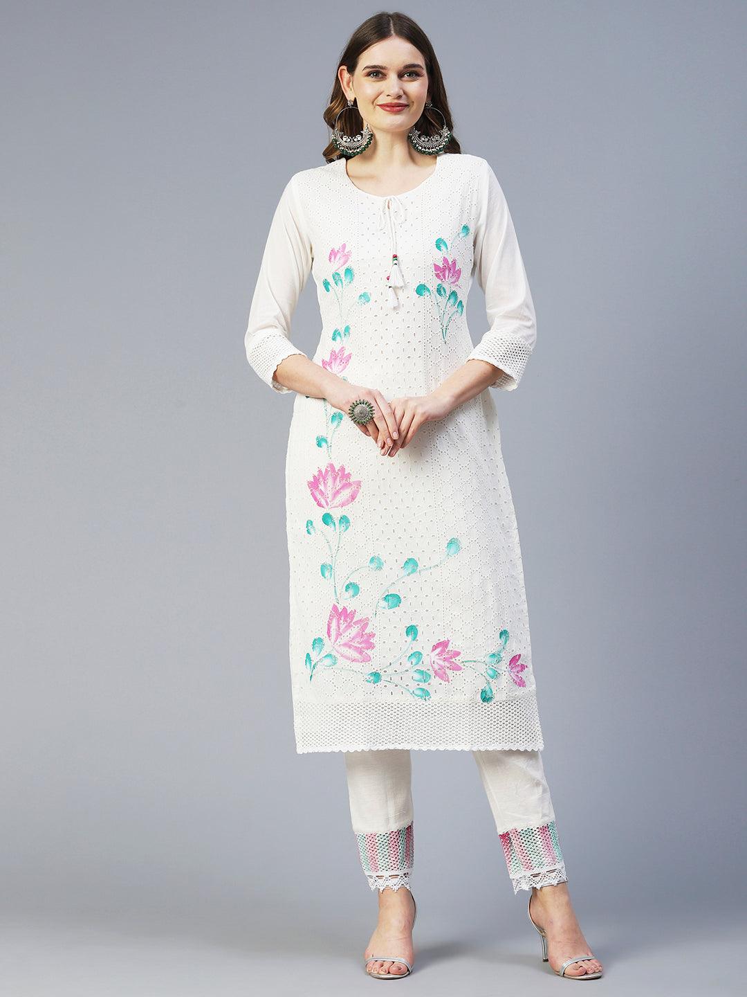 Floral Hand Painted Straight Kurta with Pant & Dupatta - Off White - Indiakreations