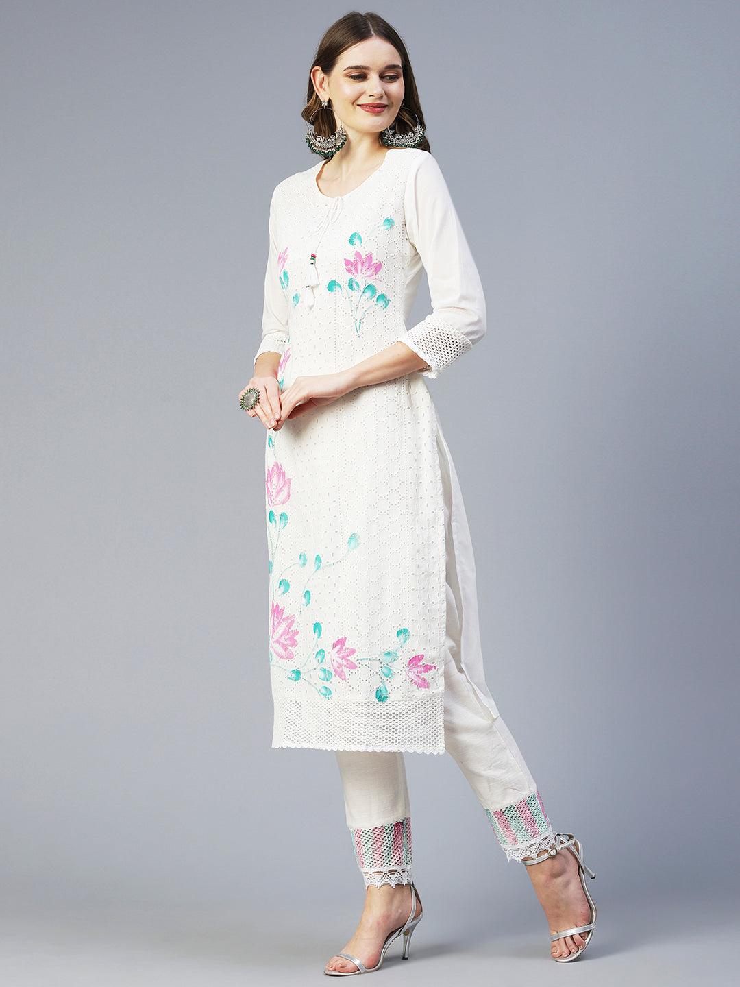 Floral Hand Painted Straight Kurta with Pant & Dupatta - Off White - Indiakreations