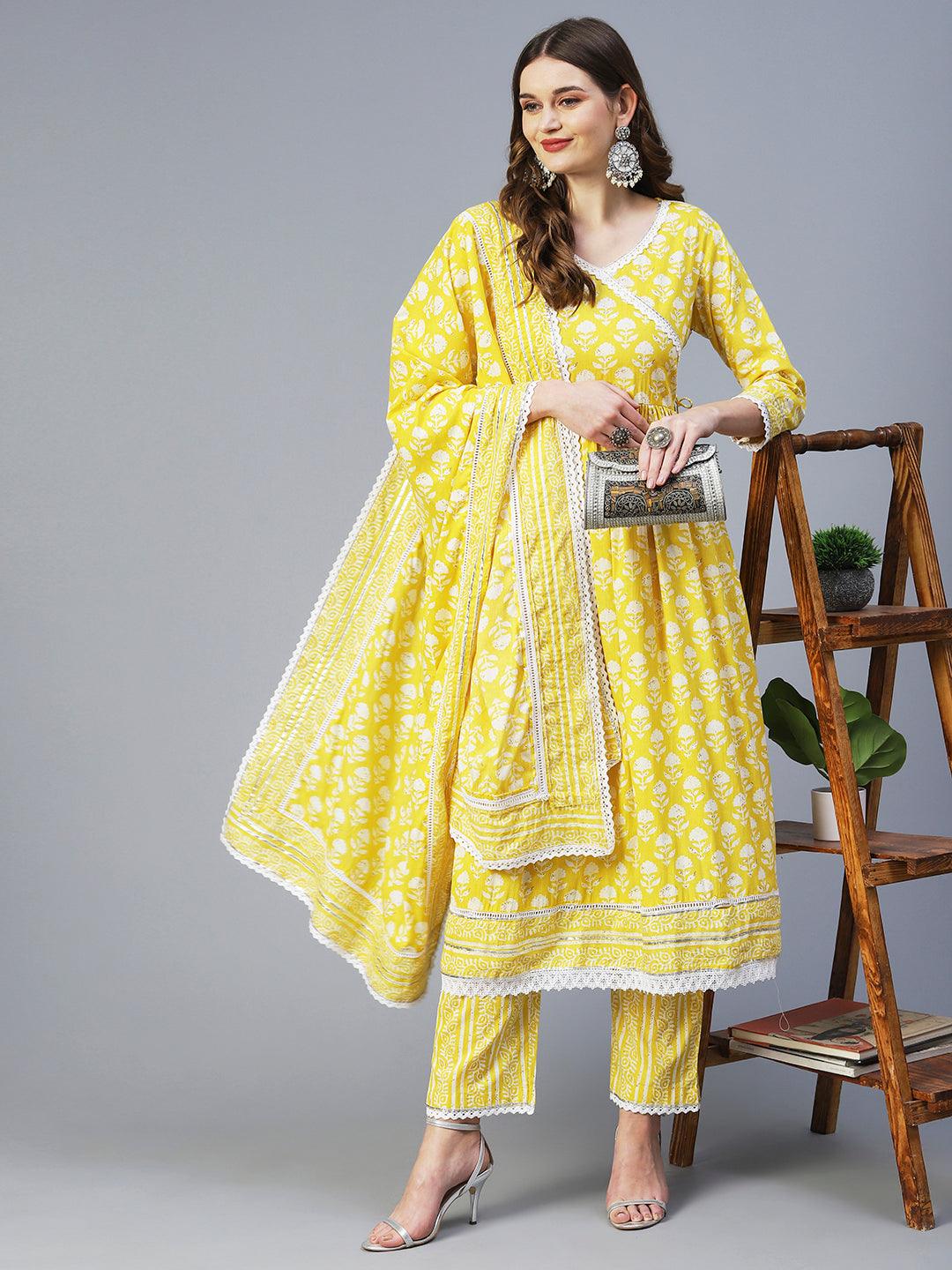 Floral Printed High Slit Kurta With Pants & Dupatta - Yellow - Indiakreations