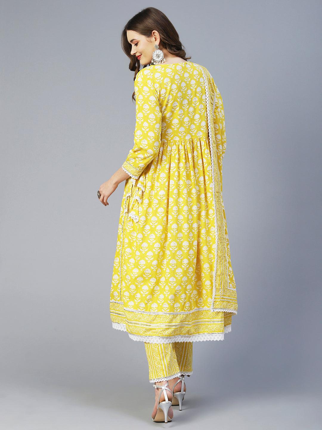 Floral Printed High Slit Kurta With Pants & Dupatta - Yellow - Indiakreations