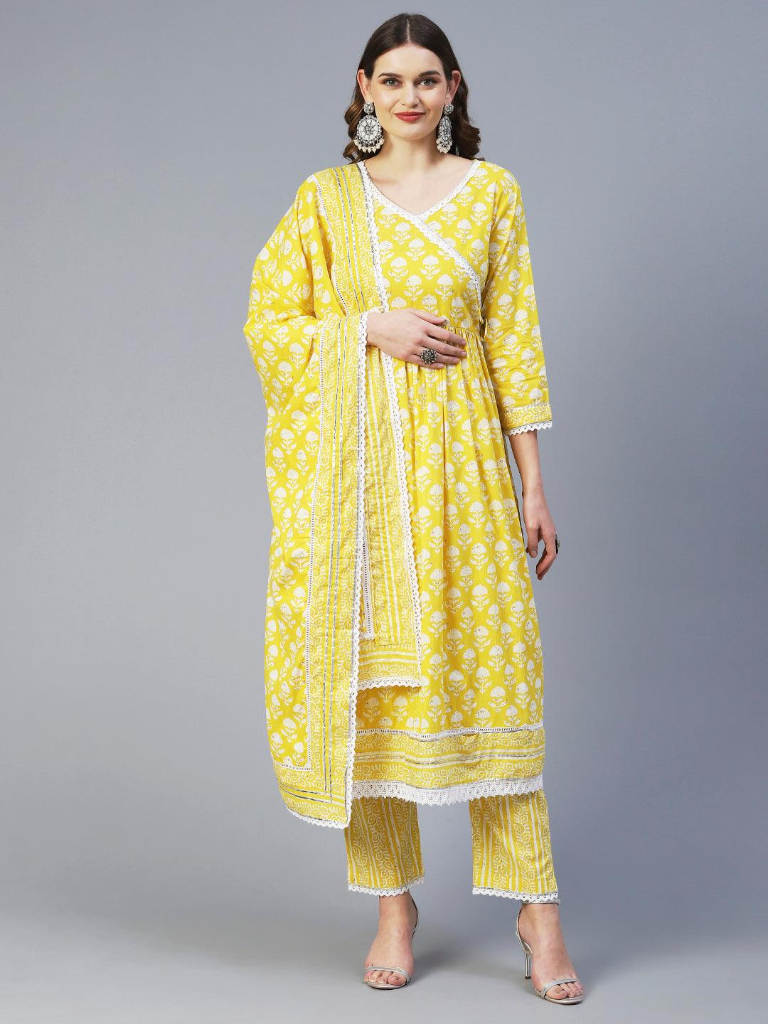 Floral Printed High Slit Kurta With Pants & Dupatta - Yellow - Indiakreations