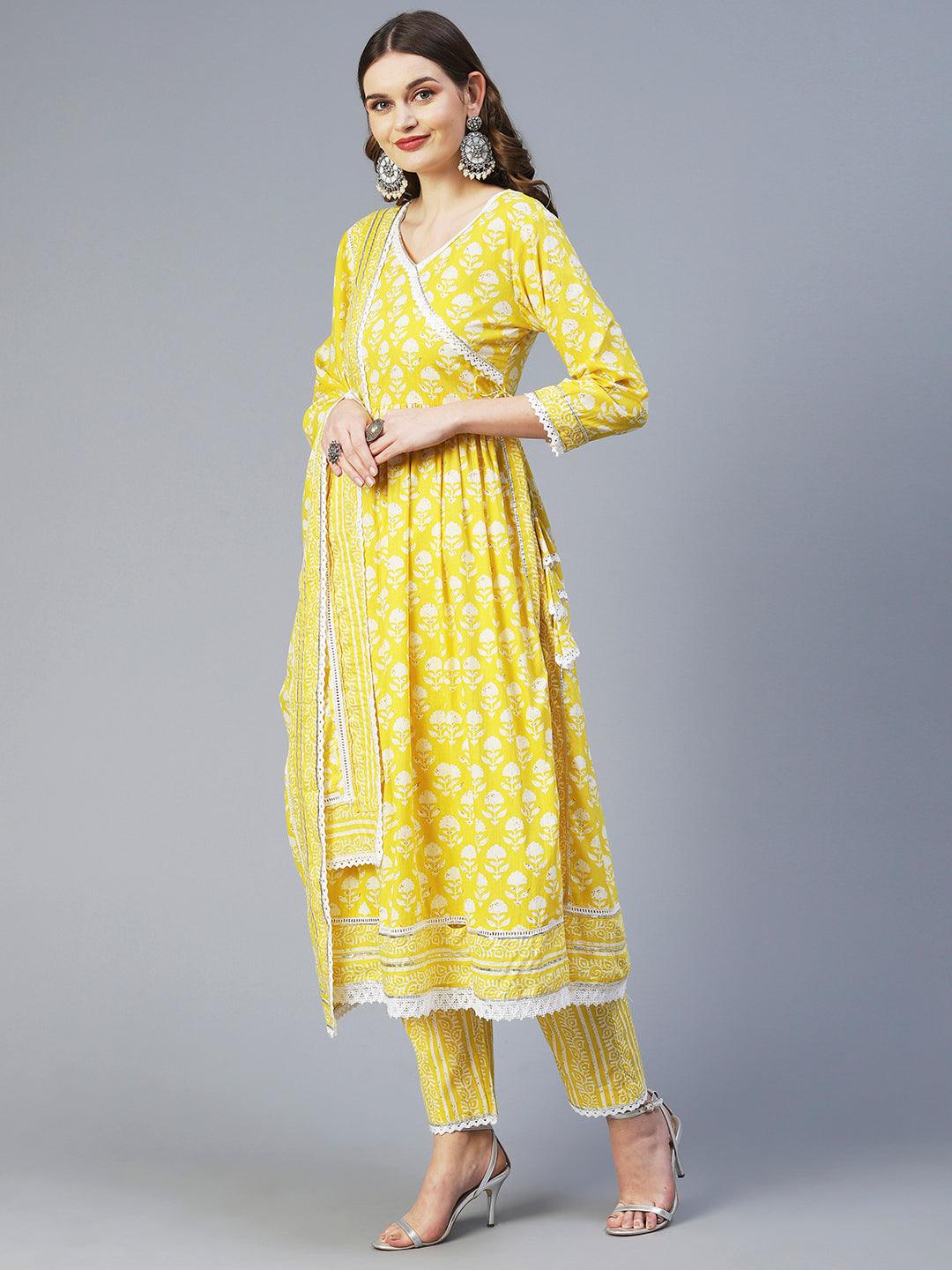 Floral Printed High Slit Kurta With Pants & Dupatta - Yellow - Indiakreations