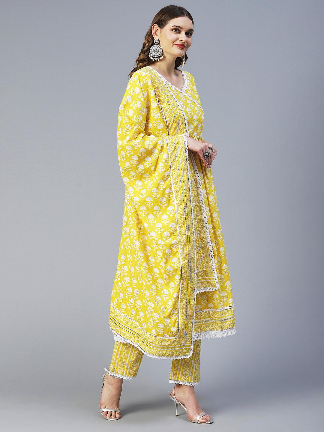 Floral Printed High Slit Kurta With Pants & Dupatta - Yellow - Indiakreations