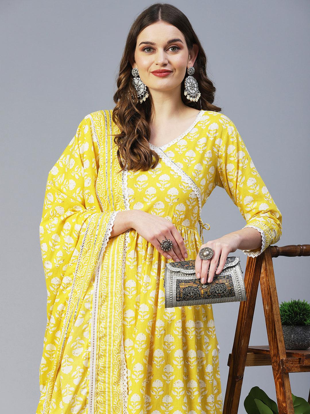 Floral Printed High Slit Kurta With Pants & Dupatta - Yellow - Indiakreations