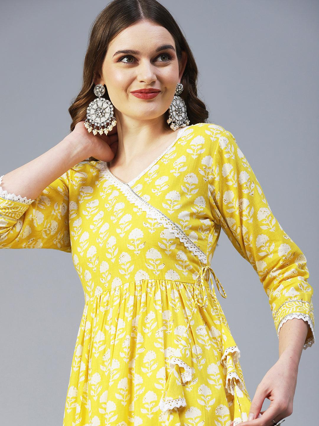 Floral Printed High Slit Kurta With Pants & Dupatta - Yellow - Indiakreations