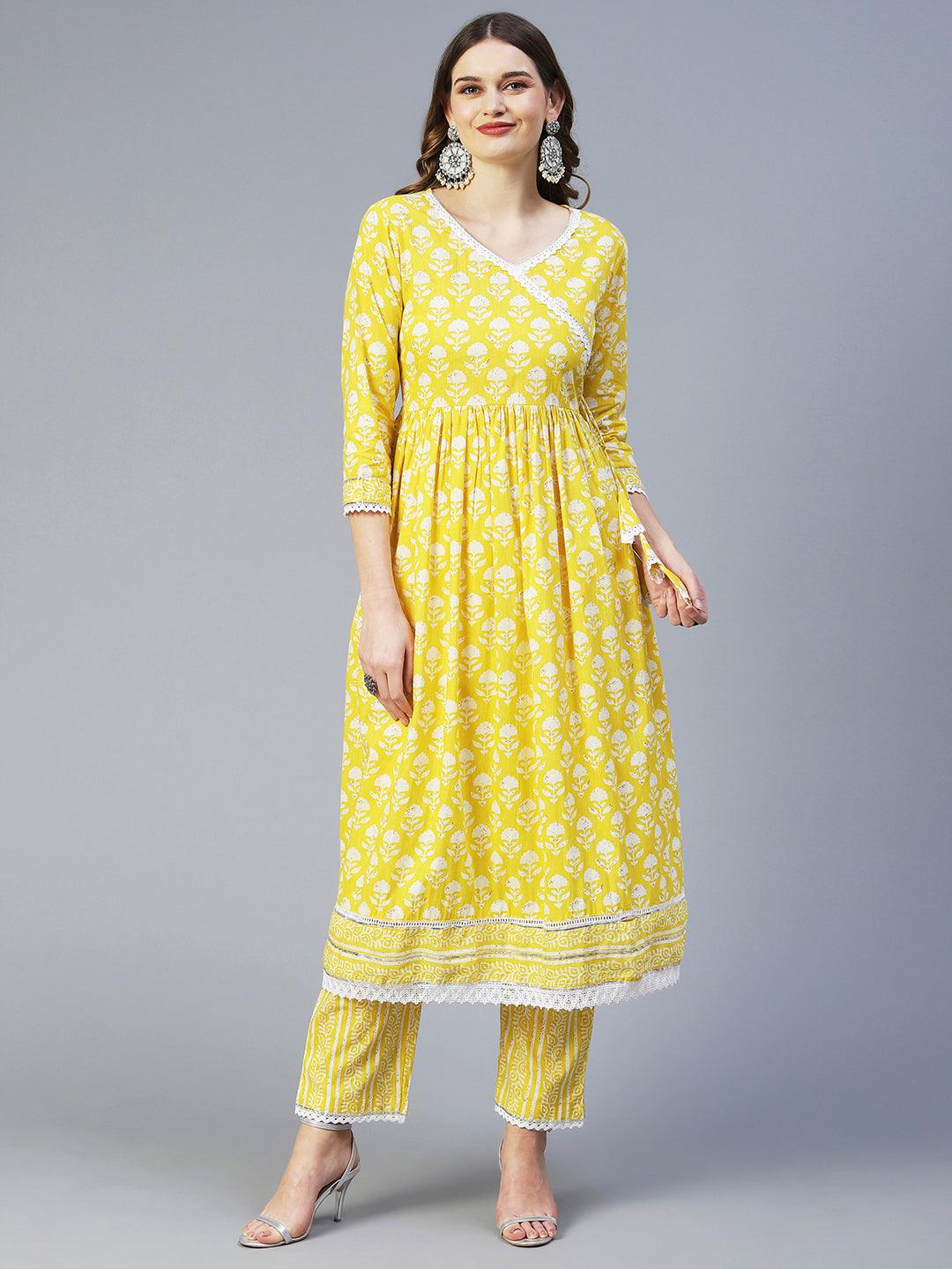 Floral Printed High Slit Kurta With Pants & Dupatta - Yellow - Indiakreations