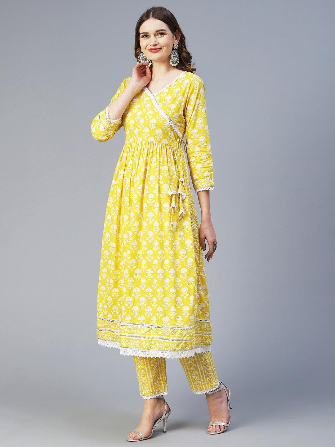 Floral Printed High Slit Kurta With Pants & Dupatta - Yellow - Indiakreations