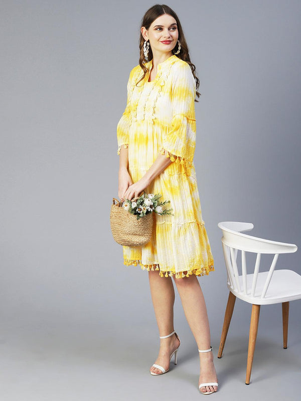 Tie-Dyed A-Line Tiered Midi Dress - Yellow - Indiakreations