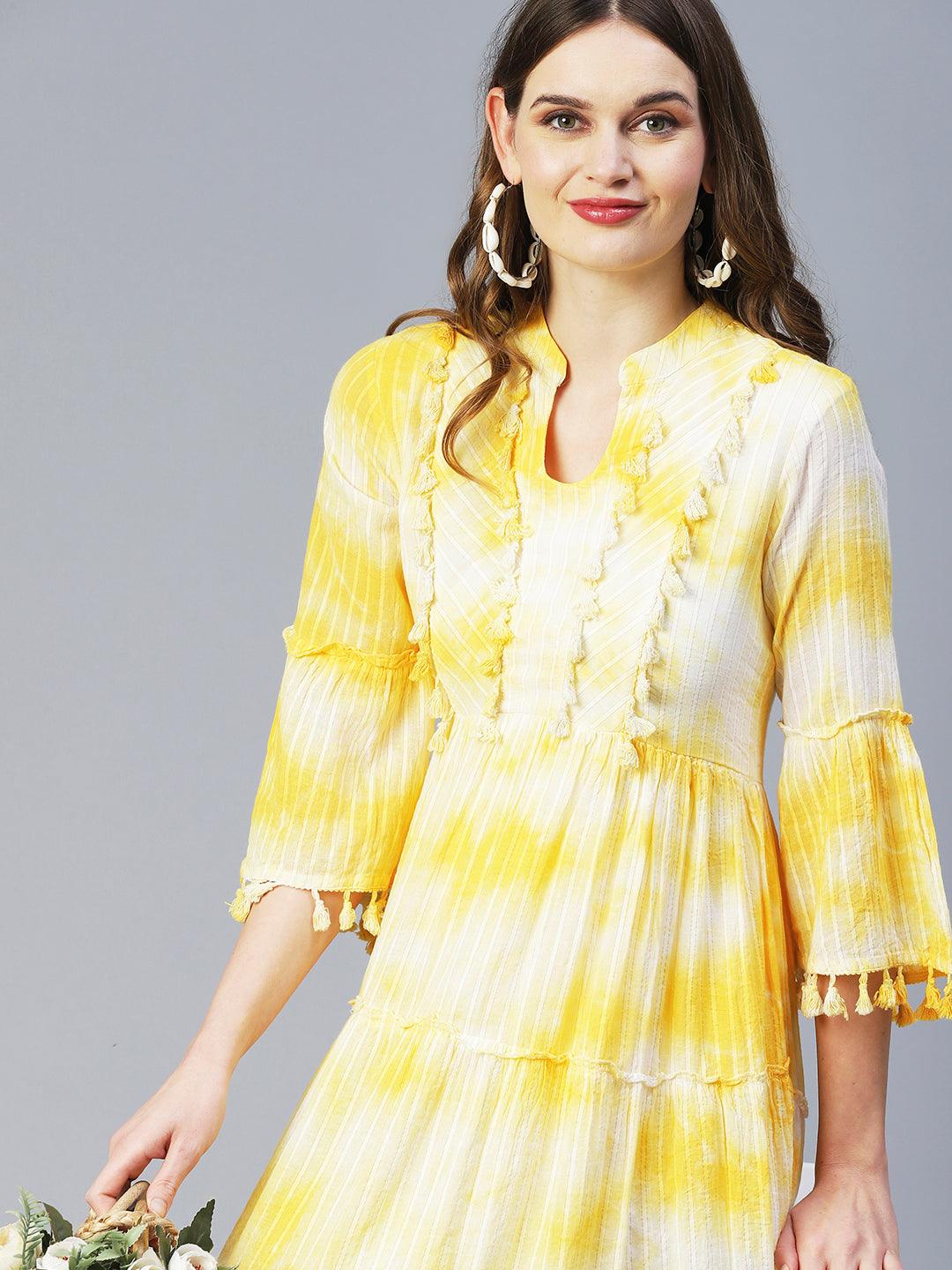 Tie-Dyed A-Line Tiered Midi Dress - Yellow - Indiakreations