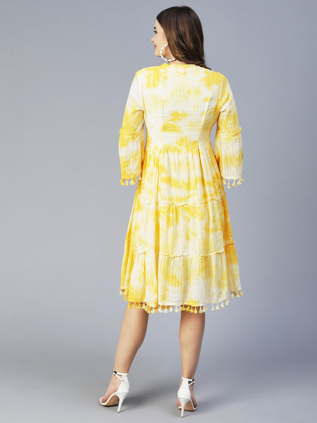 Tie-Dyed A-Line Tiered Midi Dress - Yellow - Indiakreations