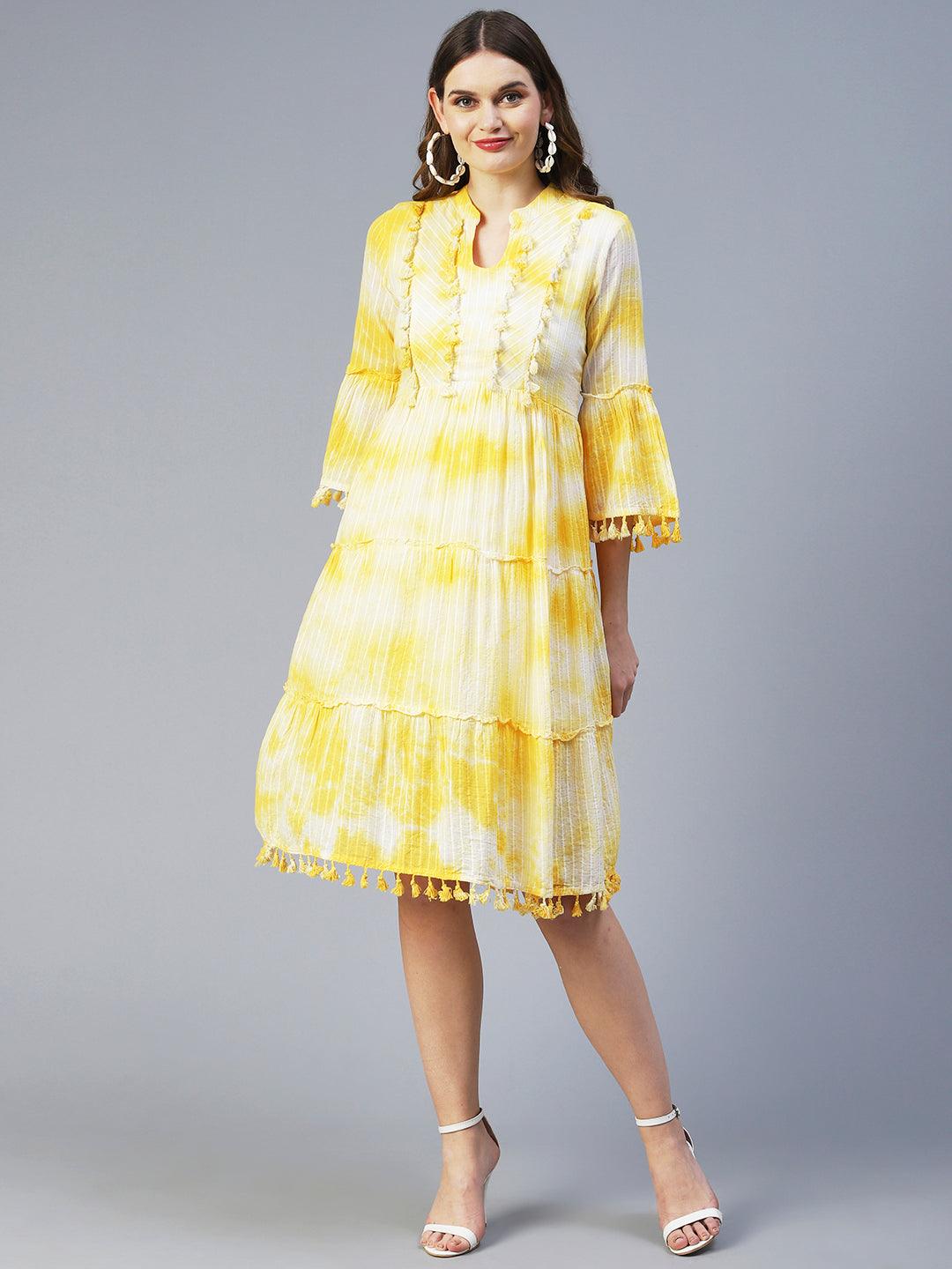 Tie-Dyed A-Line Tiered Midi Dress - Yellow - Indiakreations