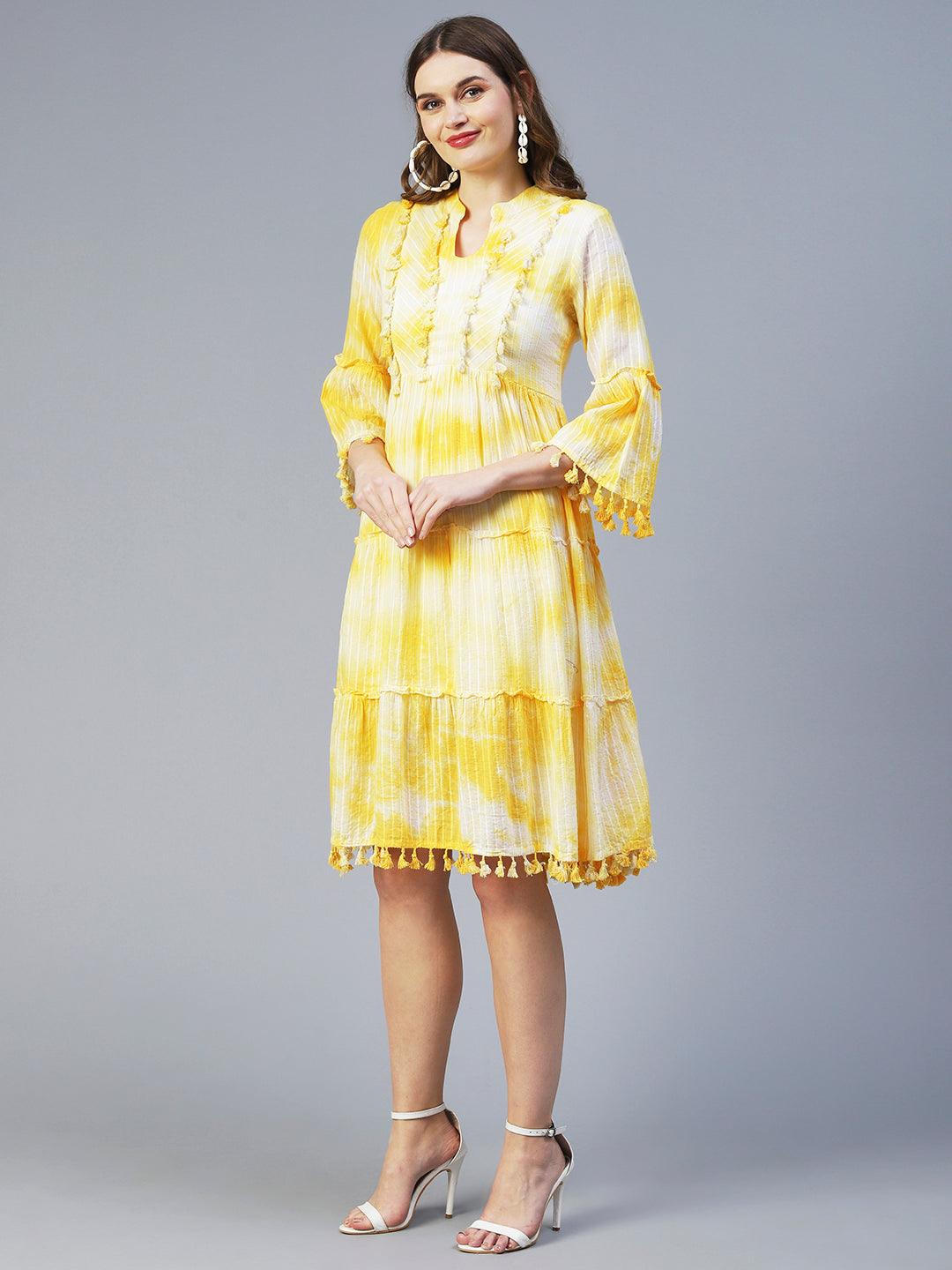 Tie-Dyed A-Line Tiered Midi Dress - Yellow - Indiakreations