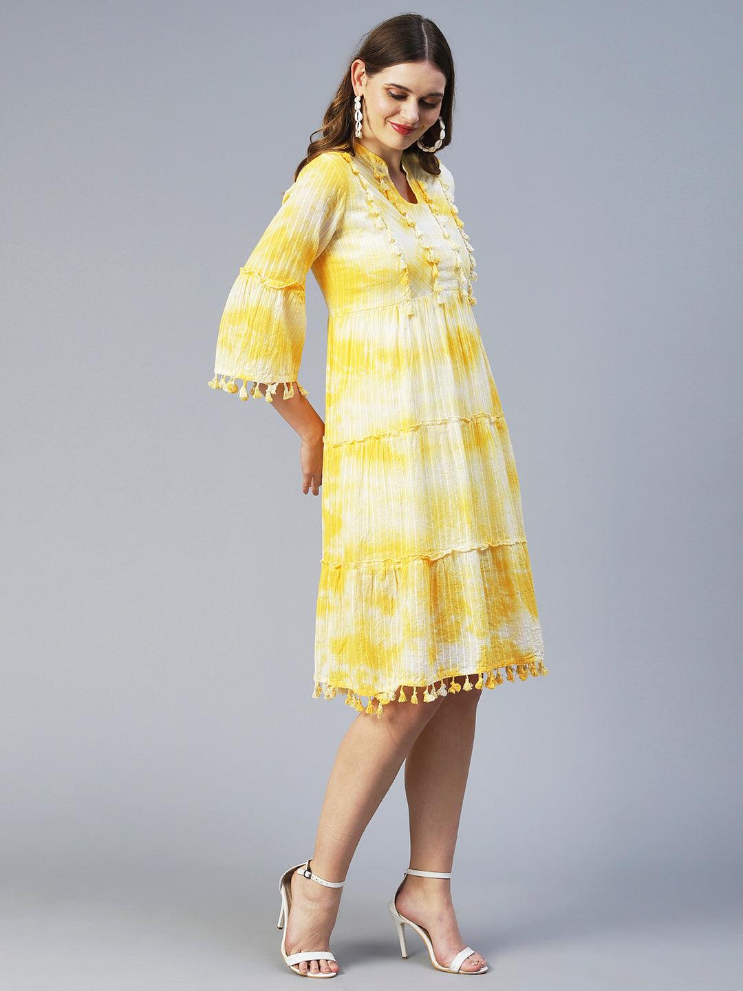 Tie-Dyed A-Line Tiered Midi Dress - Yellow - Indiakreations