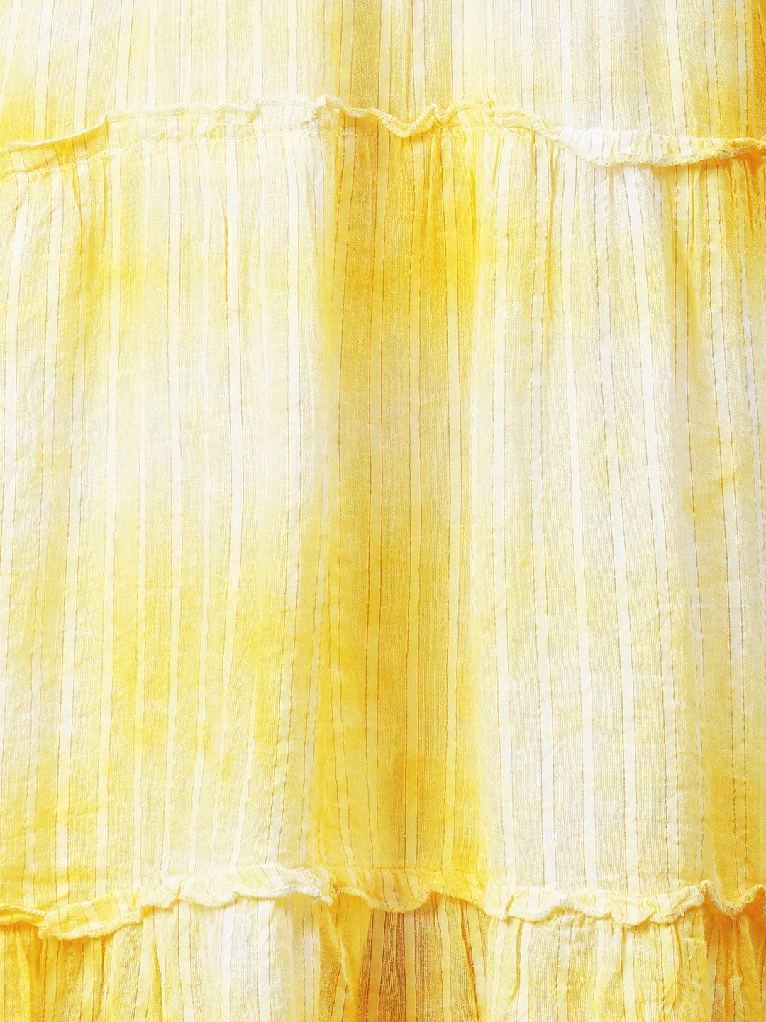 Tie-Dyed A-Line Tiered Midi Dress - Yellow - Indiakreations