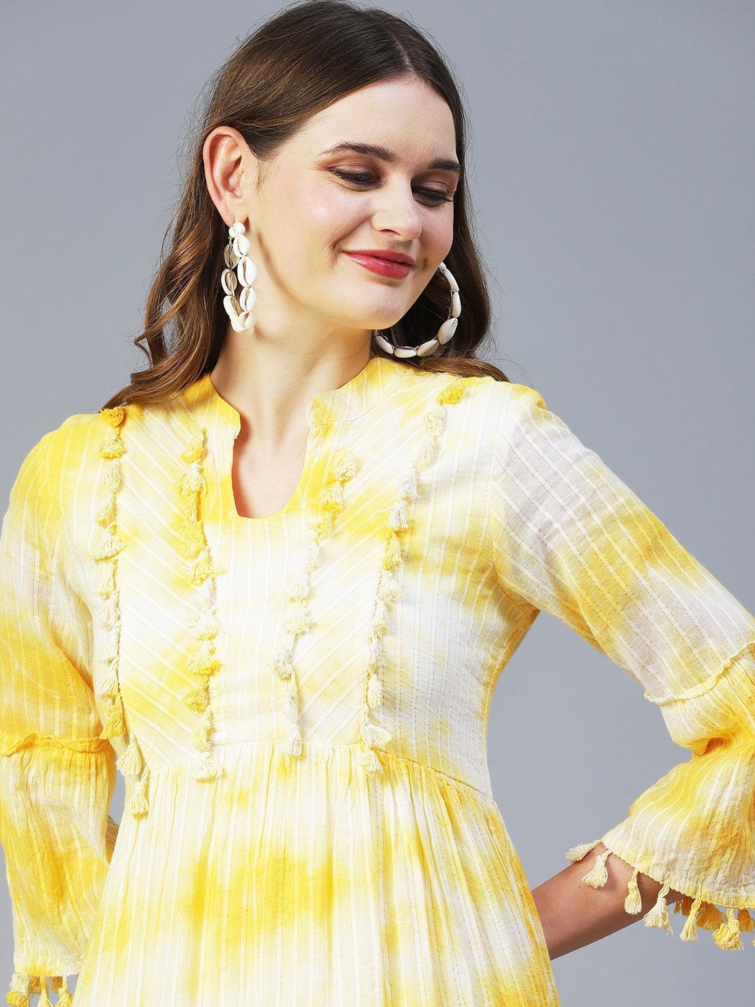 Tie-Dyed A-Line Tiered Midi Dress - Yellow - Indiakreations