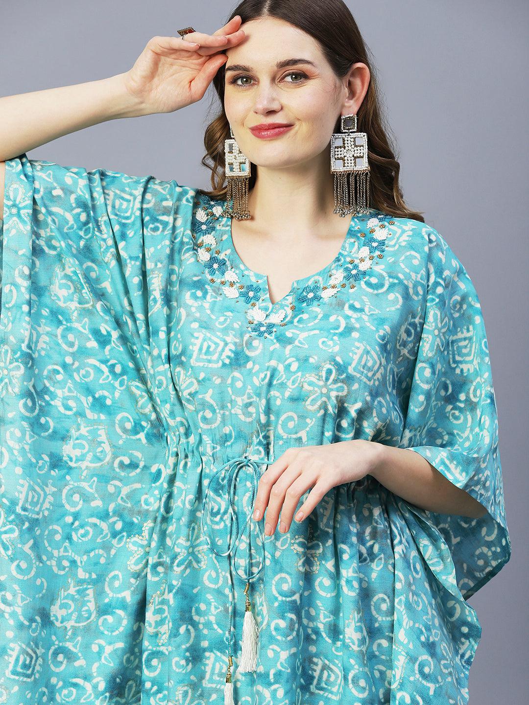 Batik Printed Beads Embellished Kaftan With Printed Pants - Turquoise Blue - Indiakreations