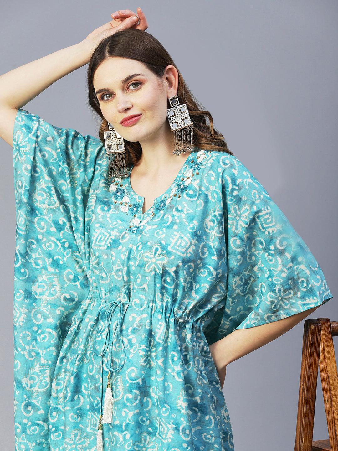 Batik Printed Beads Embellished Kaftan With Printed Pants - Turquoise Blue - Indiakreations