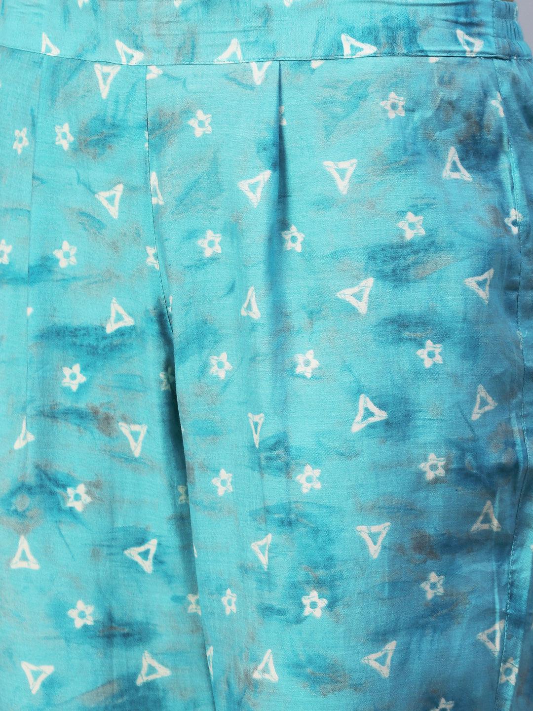 Batik Printed Beads Embellished Kaftan With Printed Pants - Turquoise Blue - Indiakreations