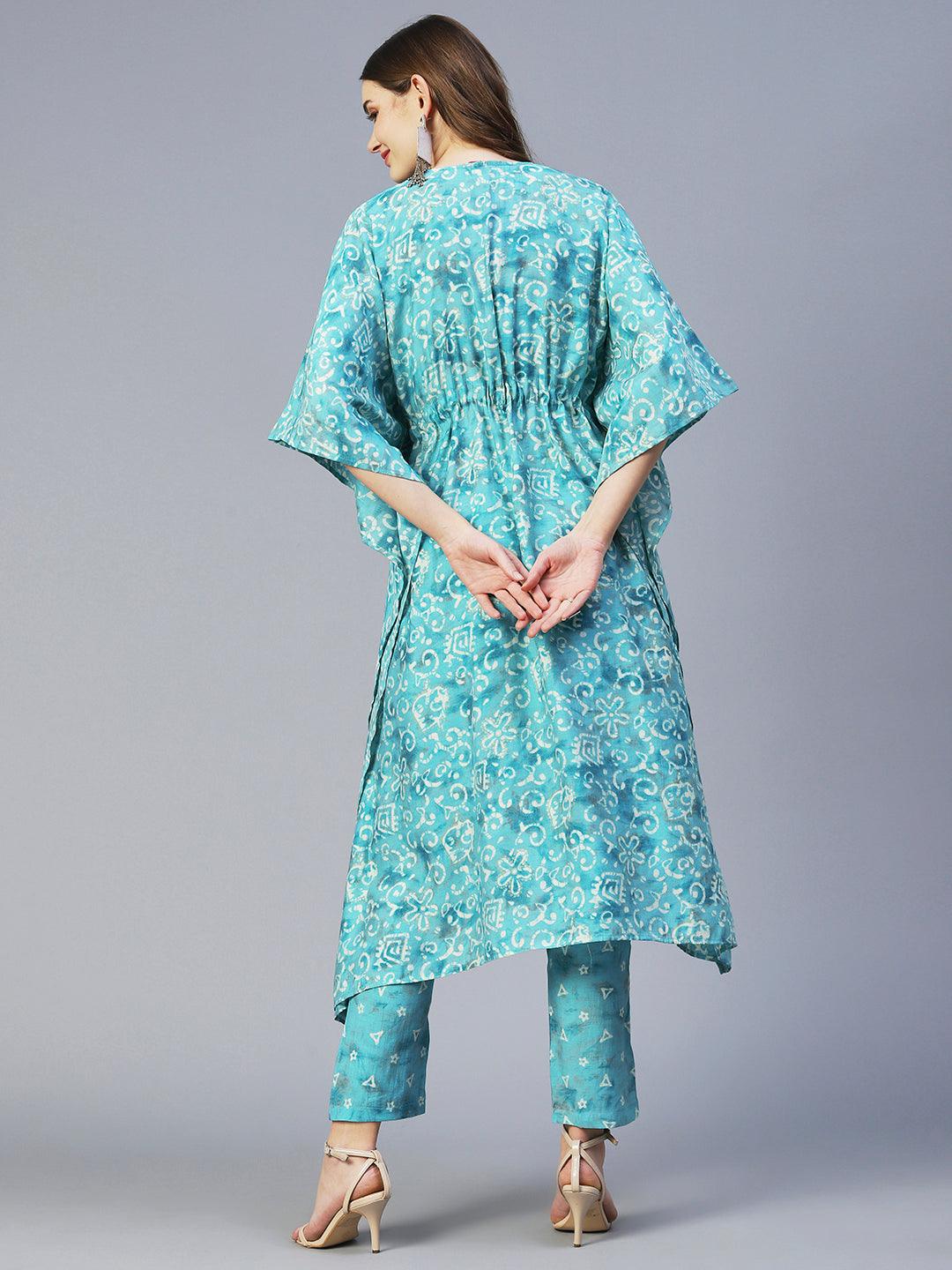 Batik Printed Beads Embellished Kaftan With Printed Pants - Turquoise Blue - Indiakreations