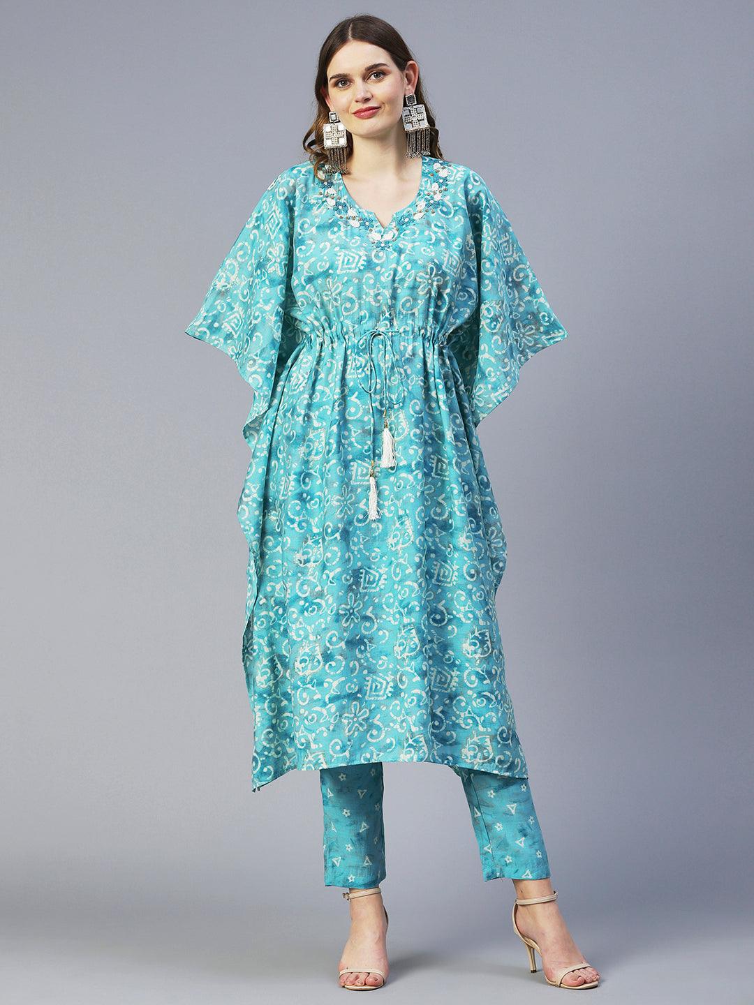 Batik Printed Beads Embellished Kaftan With Printed Pants - Turquoise Blue - Indiakreations