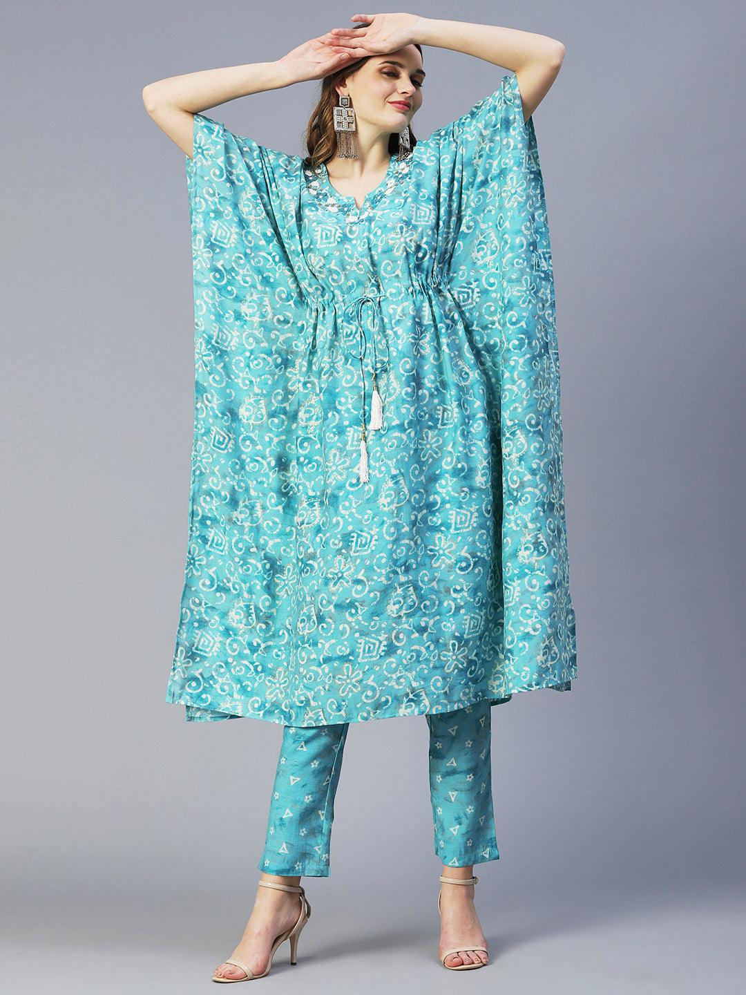 Batik Printed Beads Embellished Kaftan With Printed Pants - Turquoise Blue - Indiakreations