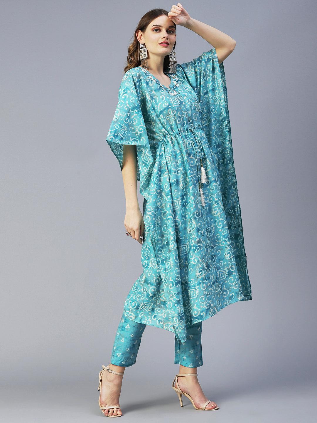 Batik Printed Beads Embellished Kaftan With Printed Pants - Turquoise Blue - Indiakreations