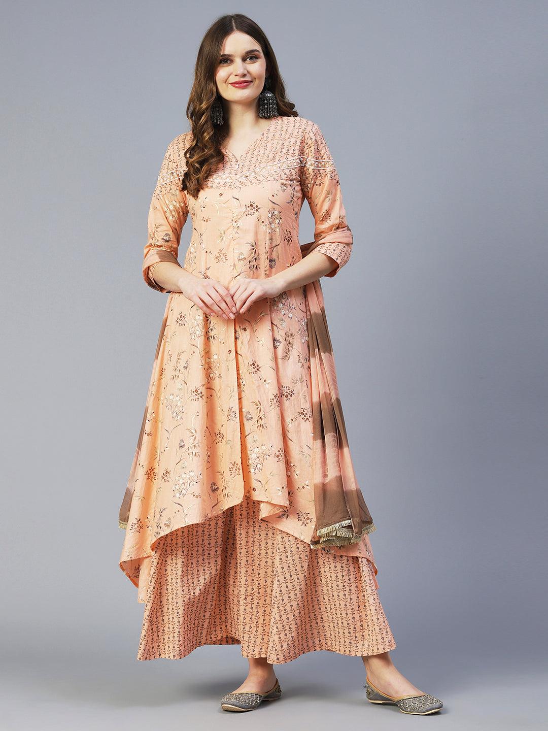 Floral Printed Mirror Embroidered Kurta With Palazzo & Dupatta - Peach - Indiakreations