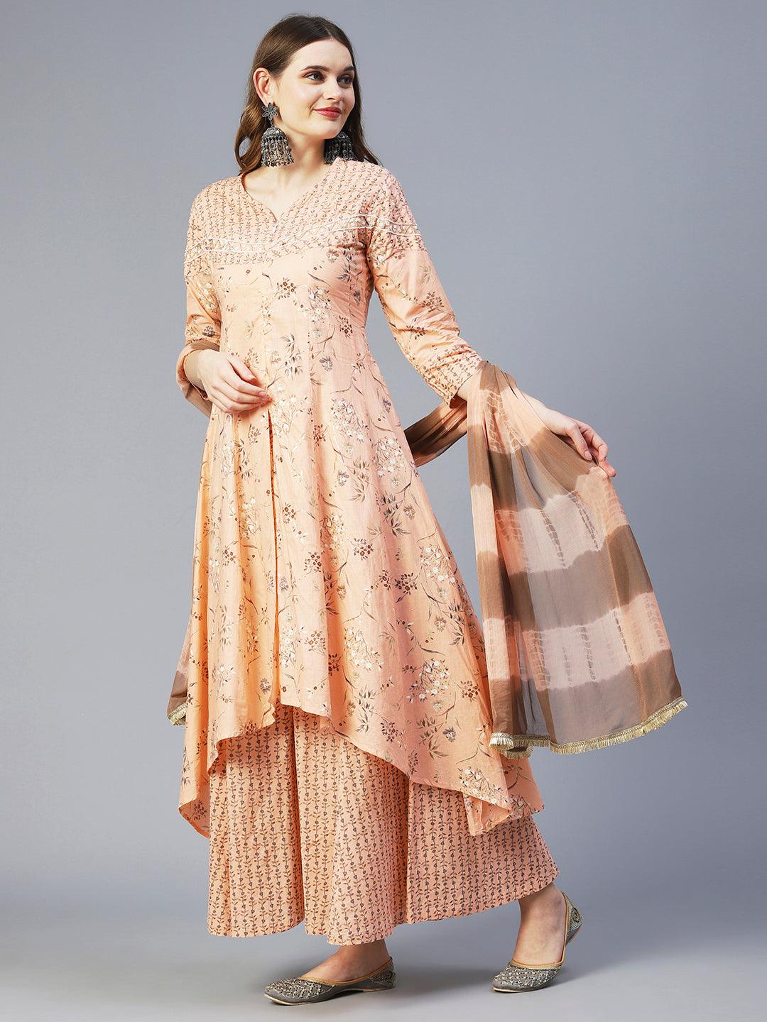 Floral Printed Mirror Embroidered Kurta With Palazzo & Dupatta - Peach - Indiakreations